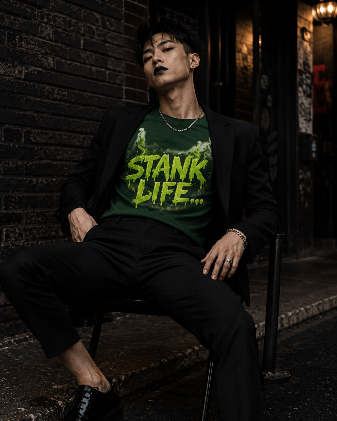 "Stank Life graphic tee in forest green — neon green drip lettering worn by man in dark alley with moody editorial styling"