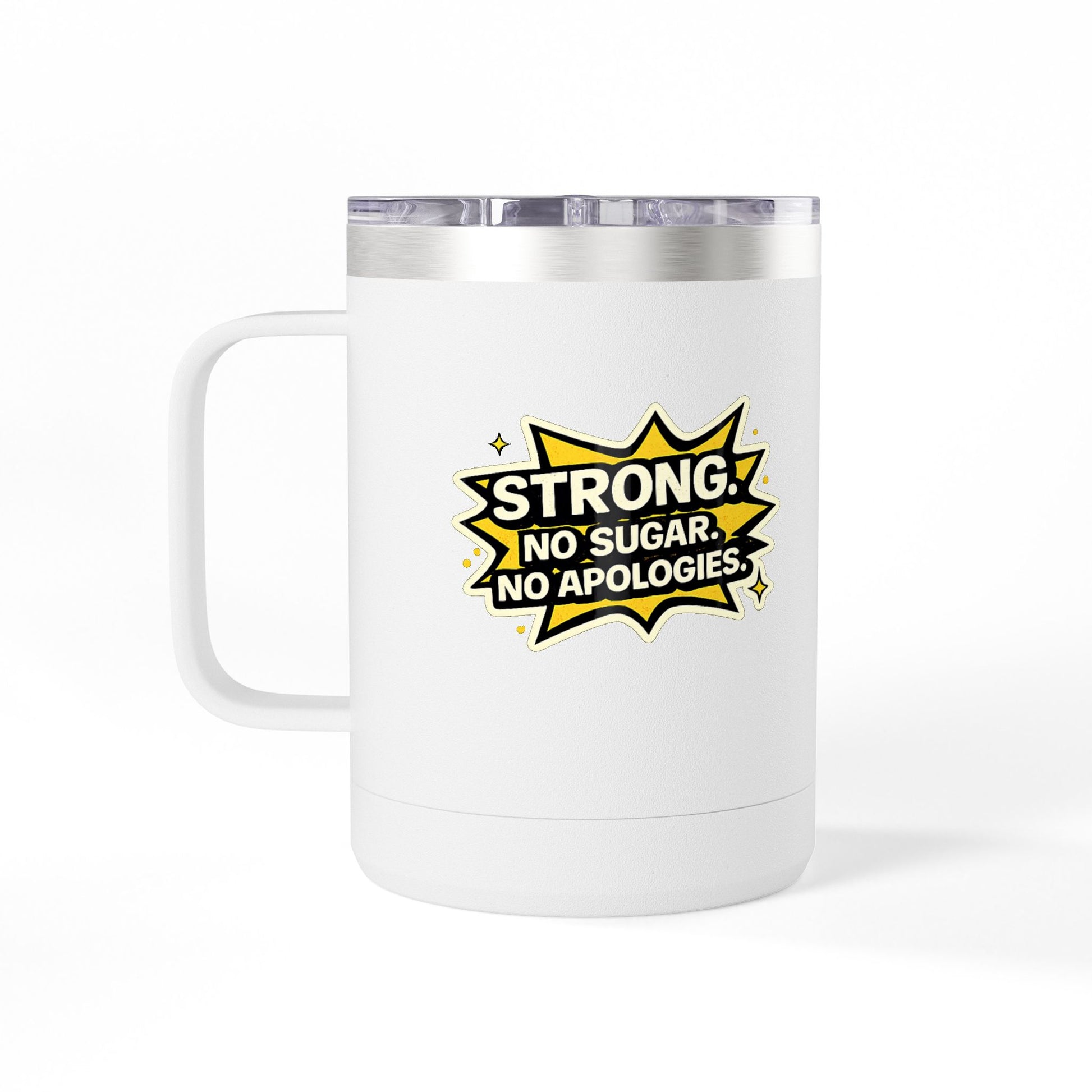White mug with a yellow and black graphic and text on a white background