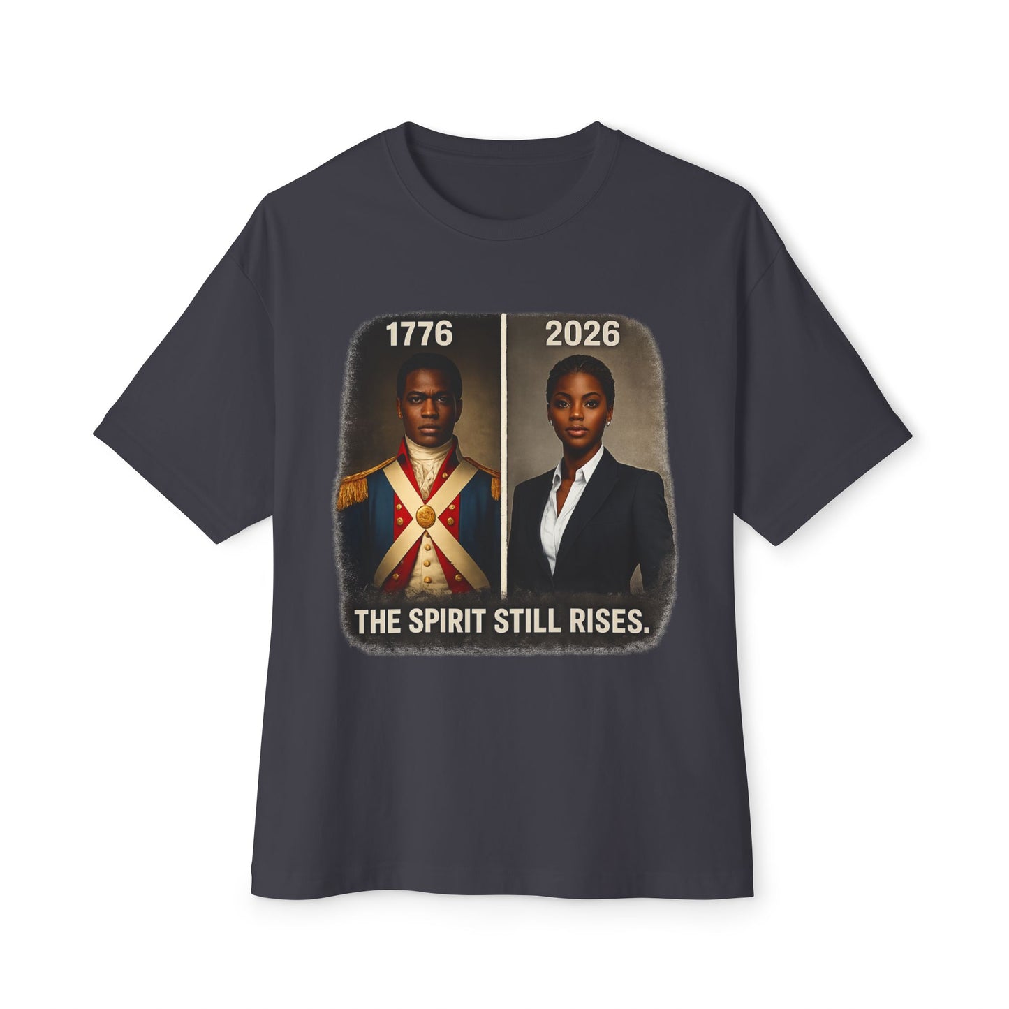 Gray t-shirt with historical and modern portraits and 'The Spirit Still Rises' text on a white background