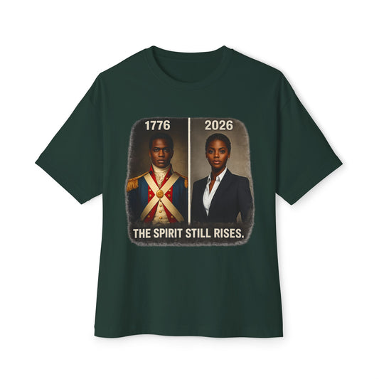 Green t-shirt with historical and modern portraits and text '1776 2026 The Spirit Still Rises' on a white background