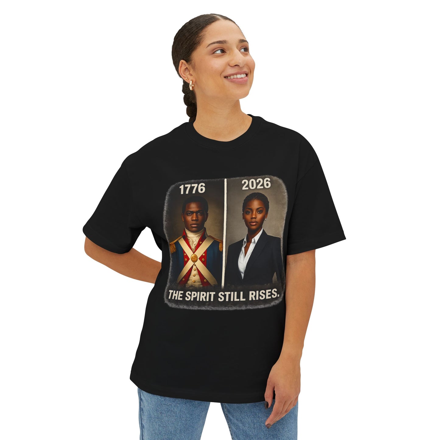 Female wearing a black t-shirt with a graphic design and text on a white background