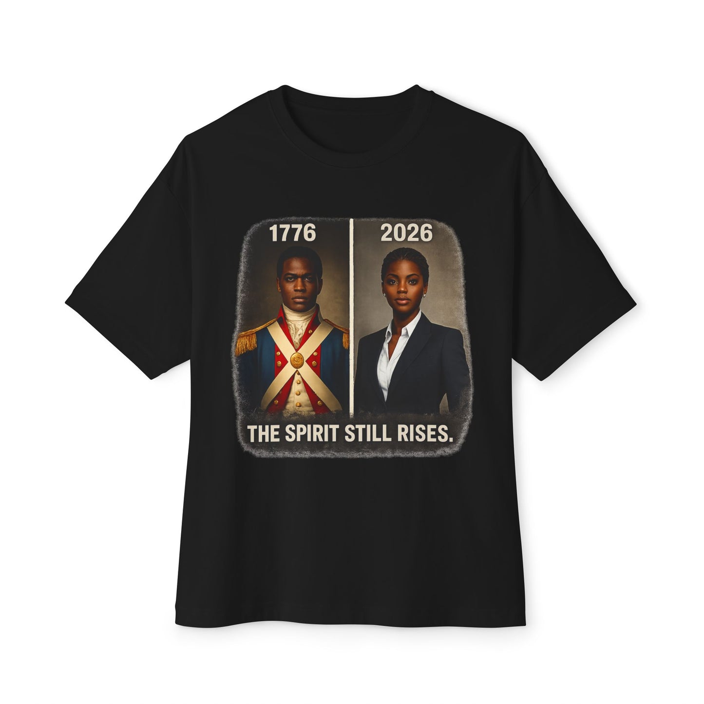 Black t-shirt with historical and modern portraits and text on a white background