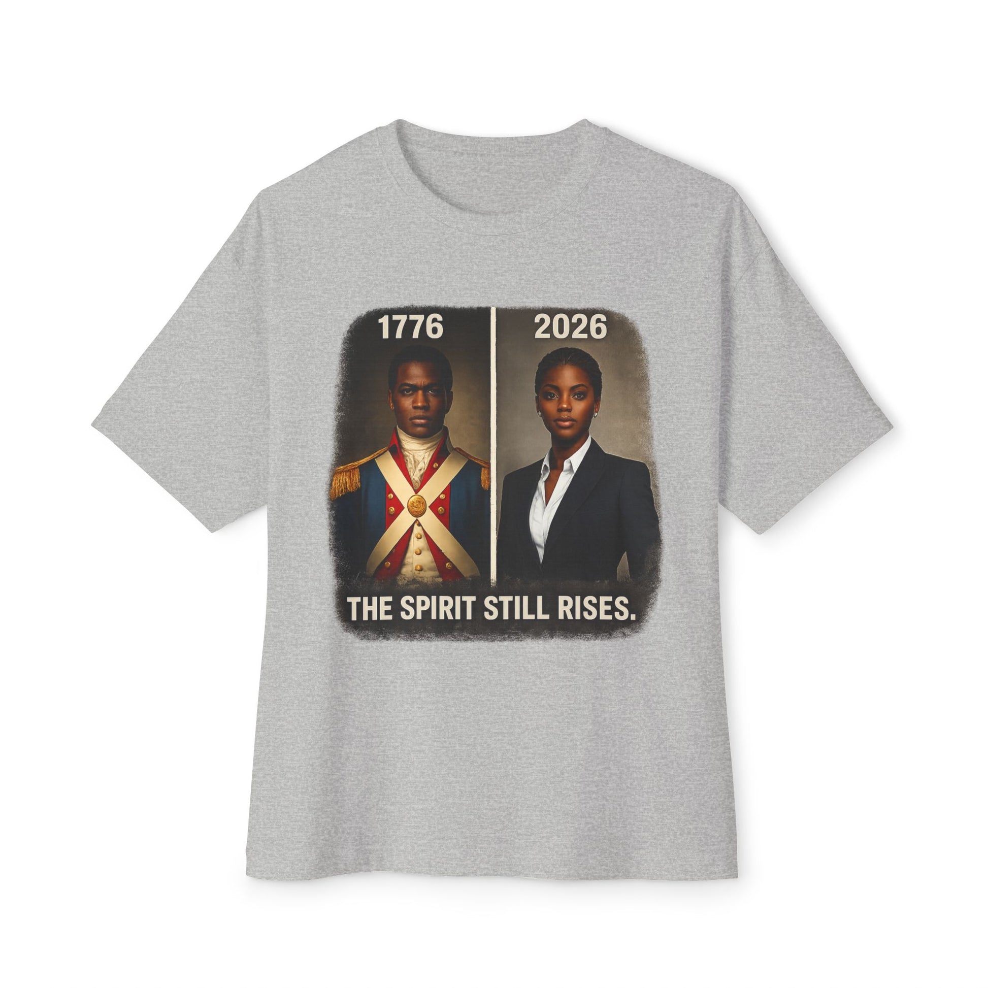 Off white t-shirt with a graphic of two people in historical and modern attire with text '1776 2026 The Spirit Still Rises' on a white background.
