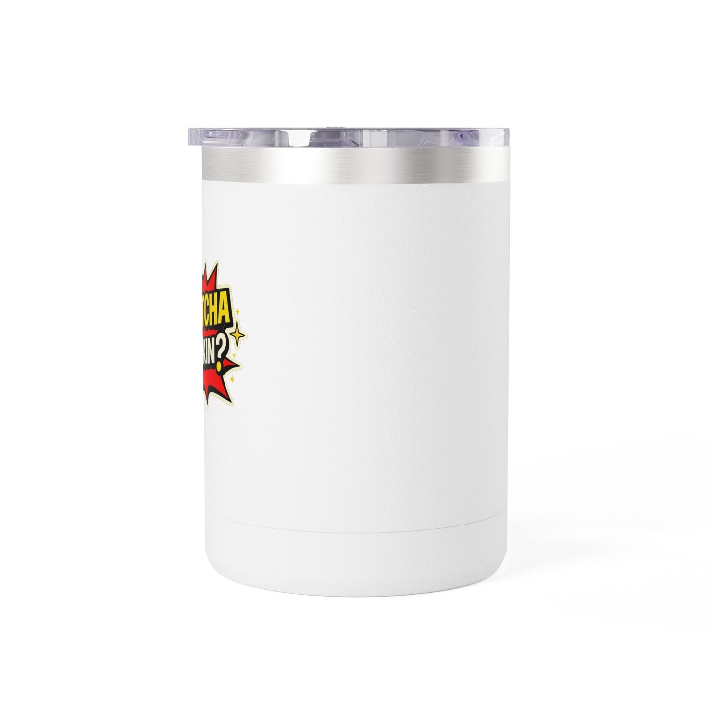 White tumbler with a colorful logo on a white background