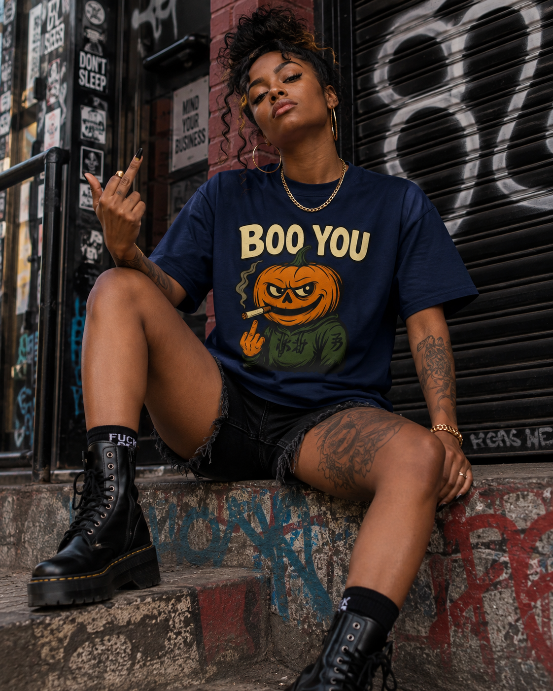 Navy (woman, graffiti steps, Doc Martens, gold chain) — "Woman in navy Boo You Stank Statement Tee seated on graffiti-covered steps wearing platform Doc Martens and a gold chain necklace, edgy urban street style"