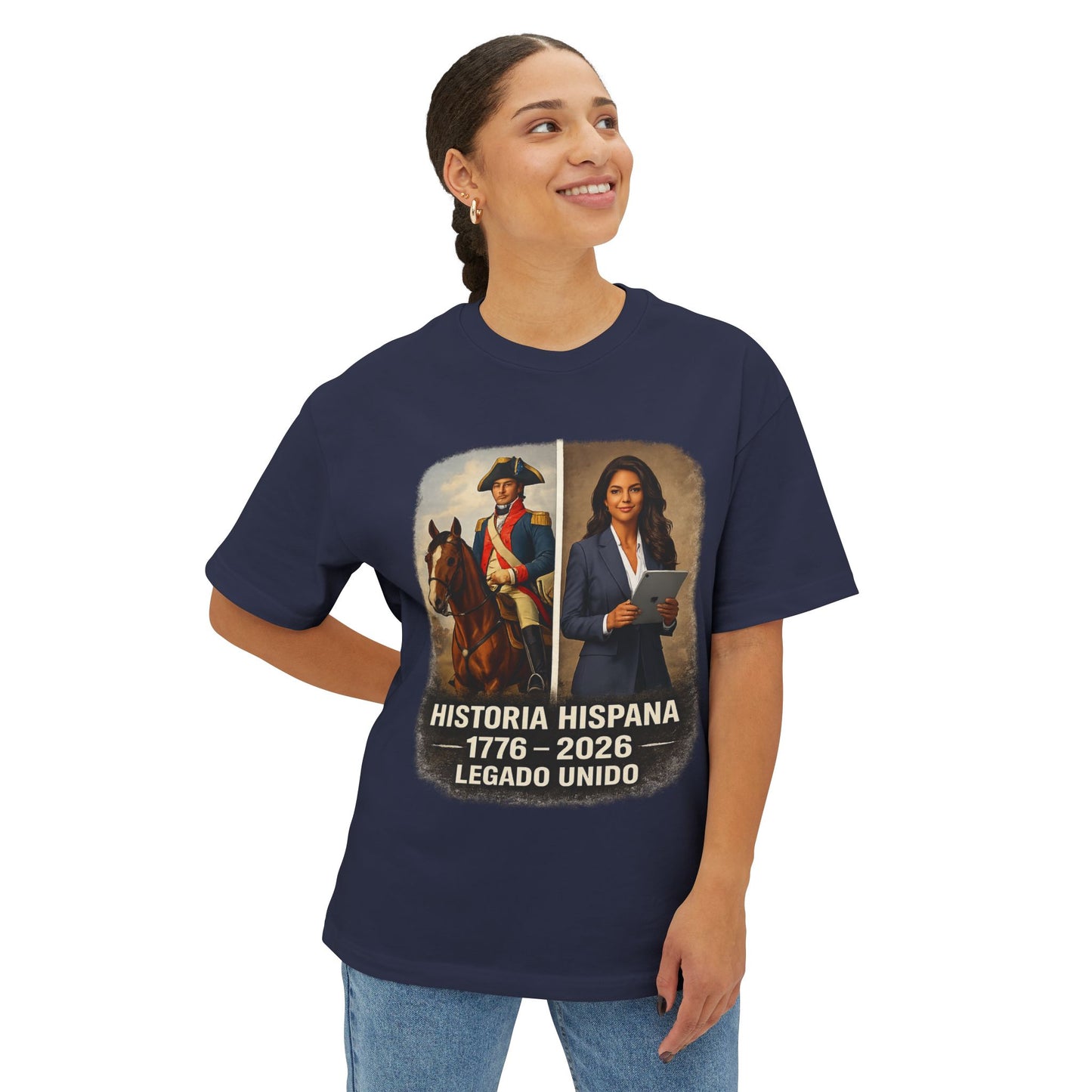 Woman wearing a navy-blue t-shirt with Hispanic history graphic and text