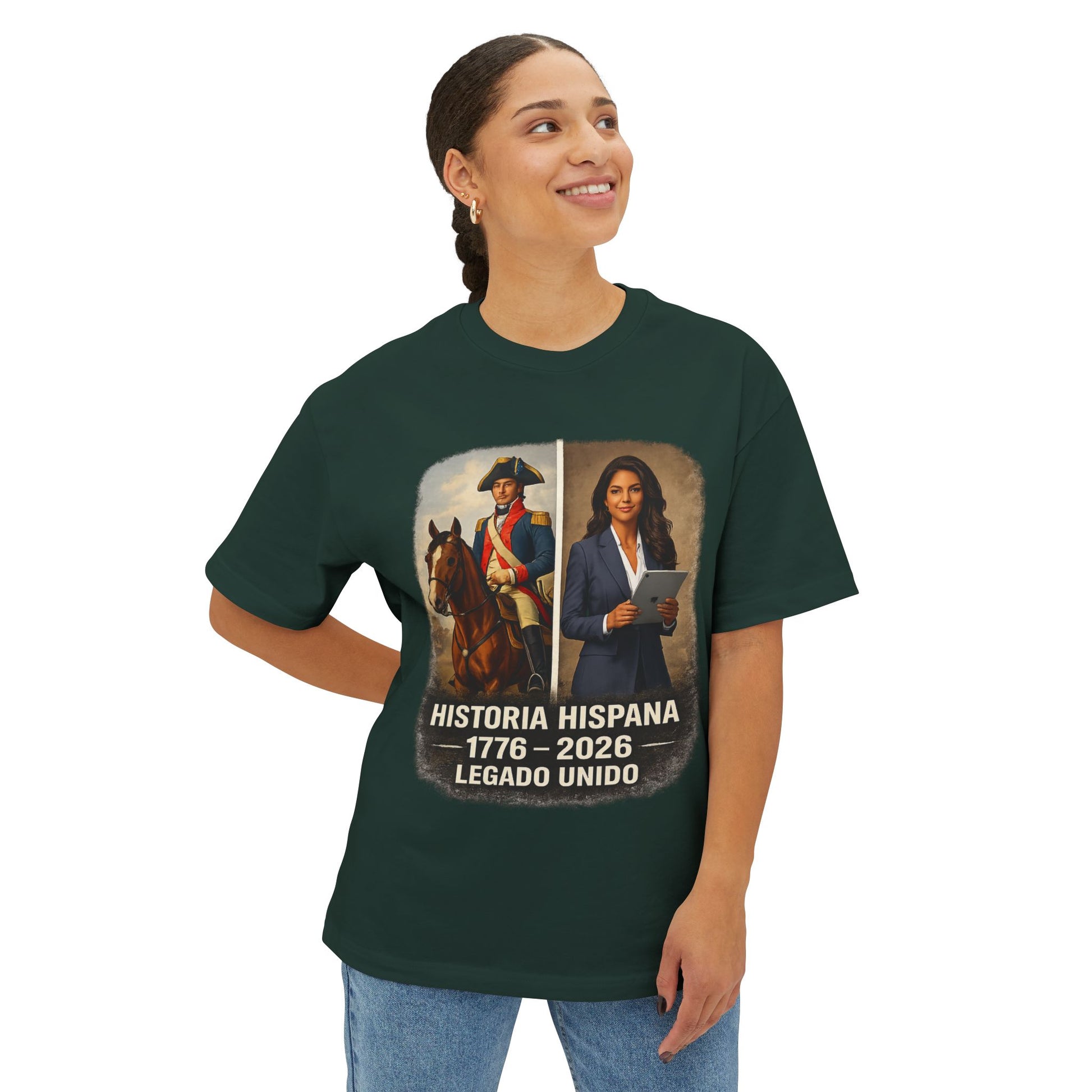 Woman wearing a green t-shirt with Hispanic history design on a white background