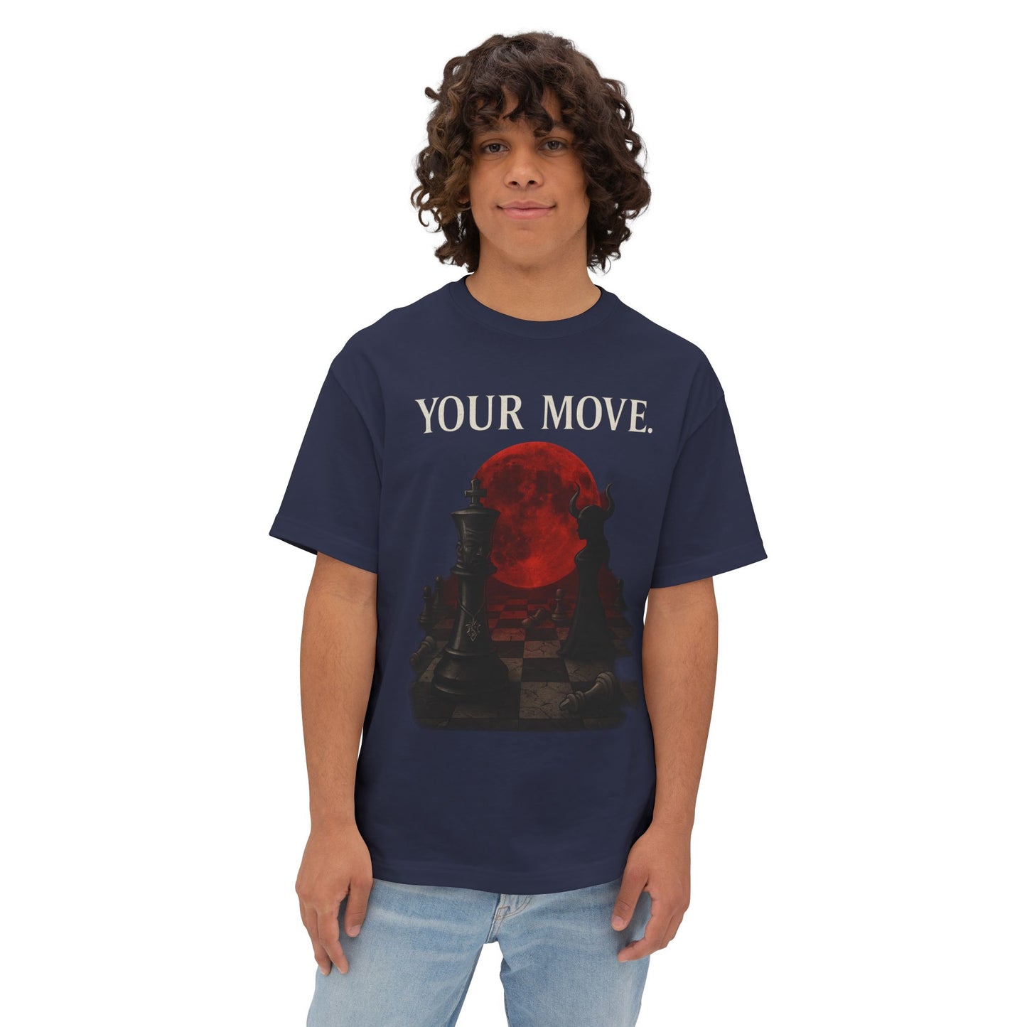 Person wearing a navy blue t-shirt with 'YOUR MOVE' graphic and text.
