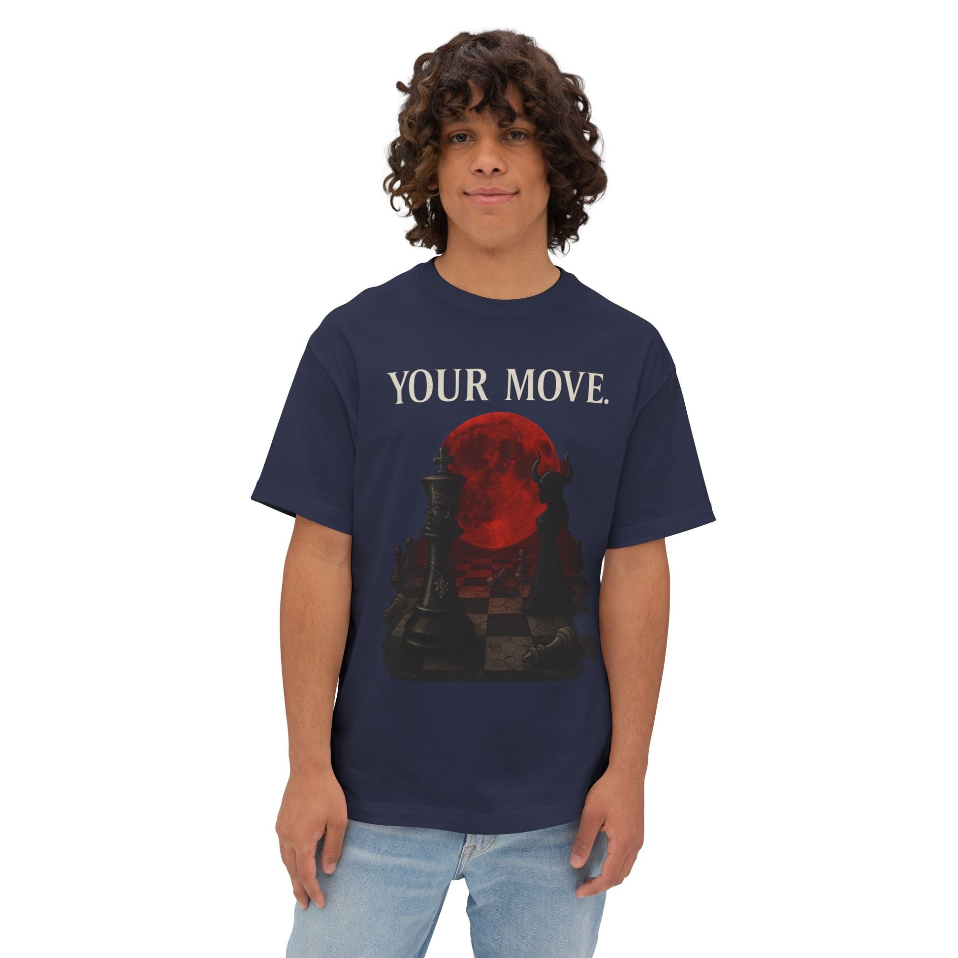 Person wearing a navy blue t-shirt with 'YOUR MOVE' graphic and text.