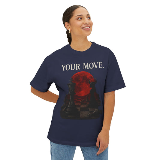 Person wearing a navy blue t-shirt with 'YOUR MOVE.' text and graphic design.