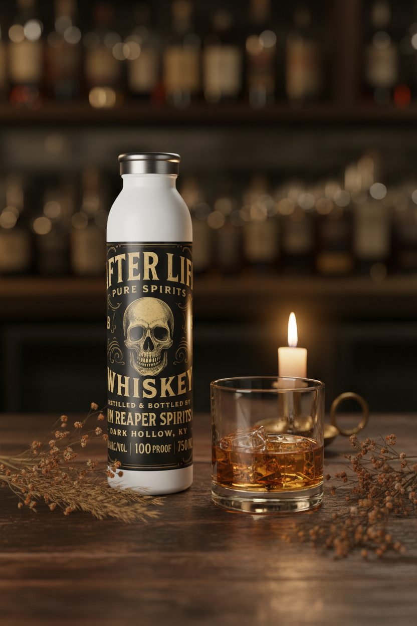 "After Life Collector water bottle on dark wooden bar top with whiskey glass and candlelight" After Life Lifestyle Mockup