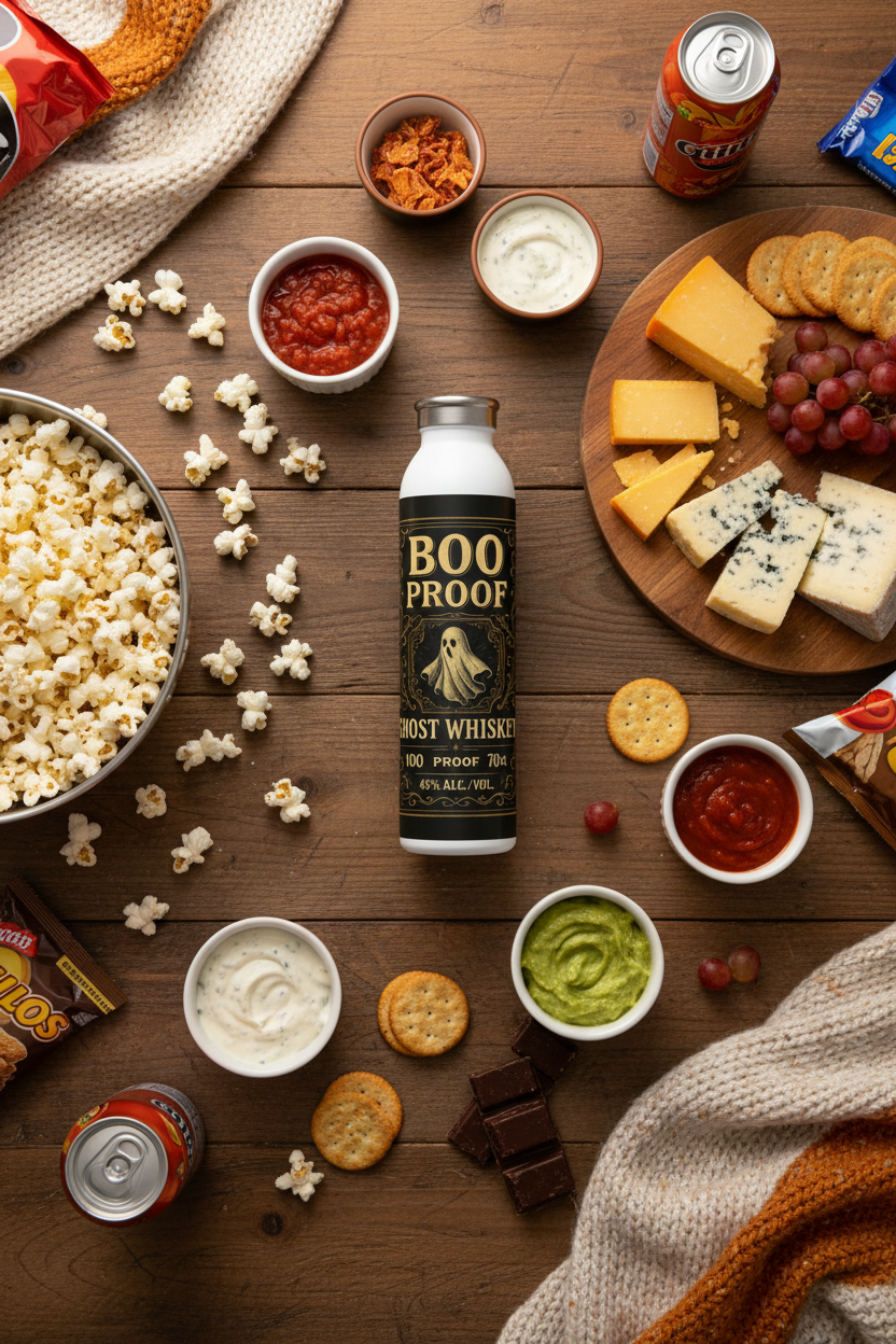 Boo Proof Ghost Whiskey water bottle flat lay on coffee table with movie night snacks