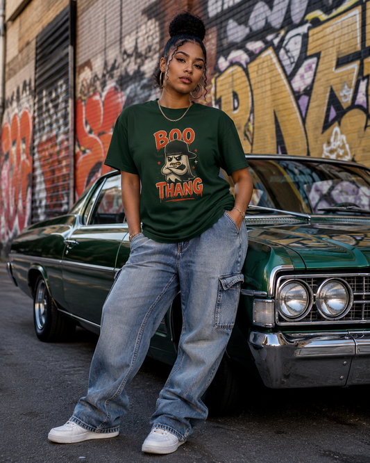 "Woman wearing forest green Boo Thang graphic tee with cartoon ghost design, leaning against a vintage green lowrider in an urban alley with graffiti wall"