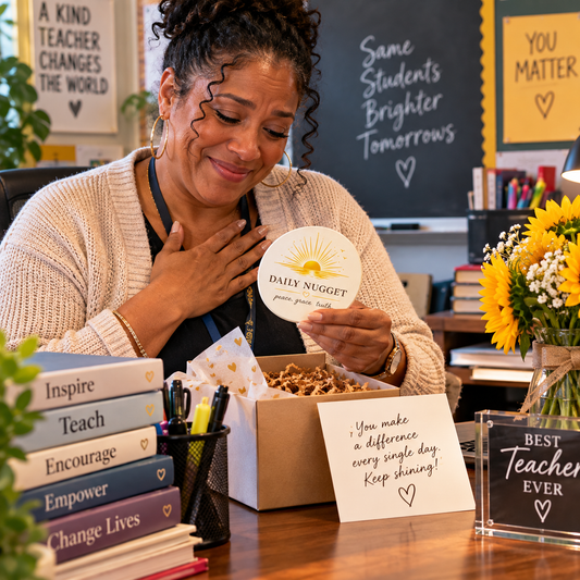 A woman in a cozy office setting smiles while holding a round sticker that reads 'DAILY NUGGET peace love trust' above a box of crinkle-cut paper. The desk is decorated with books, pens, a sign reading 'Best Teacher Ever,' and yellow flowers.