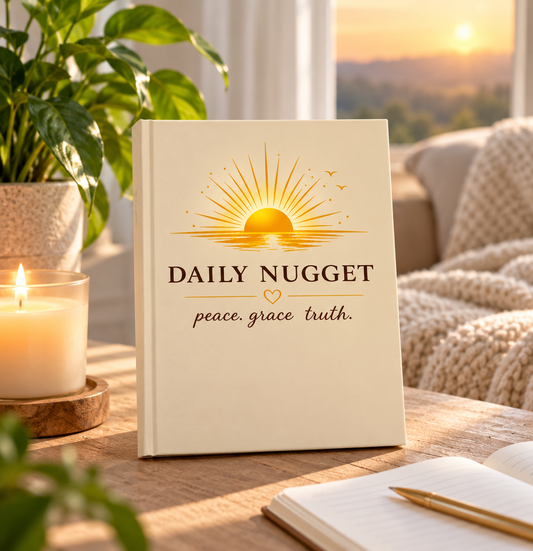 A cream-colored hardcover journal titled 'DAILY NUGGET' with a gold sun illustration and the words 'peace, grace, truth.' standing on a wooden table in a cozy room setting with a candle, plant, and open notebook nearby.