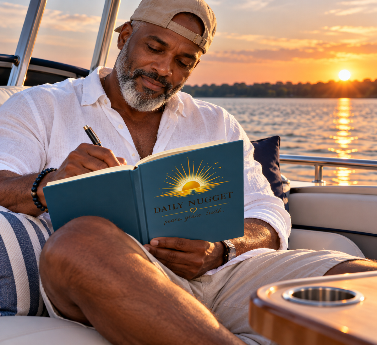 A man relaxes on a boat at sunset, writing in a teal journal titled 'DAILY NUGGET' with a sun graphic. The journal is the product being showcased in this lifestyle setting.