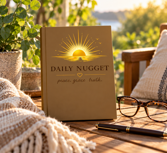 A brown Daily Nugget journal stands open on a wooden table outdoors, surrounded by a cozy lifestyle setting with a blanket, eyeglasses, and a pen. The cover features a gold sunburst graphic and the text 'DAILY NUGGET peace.