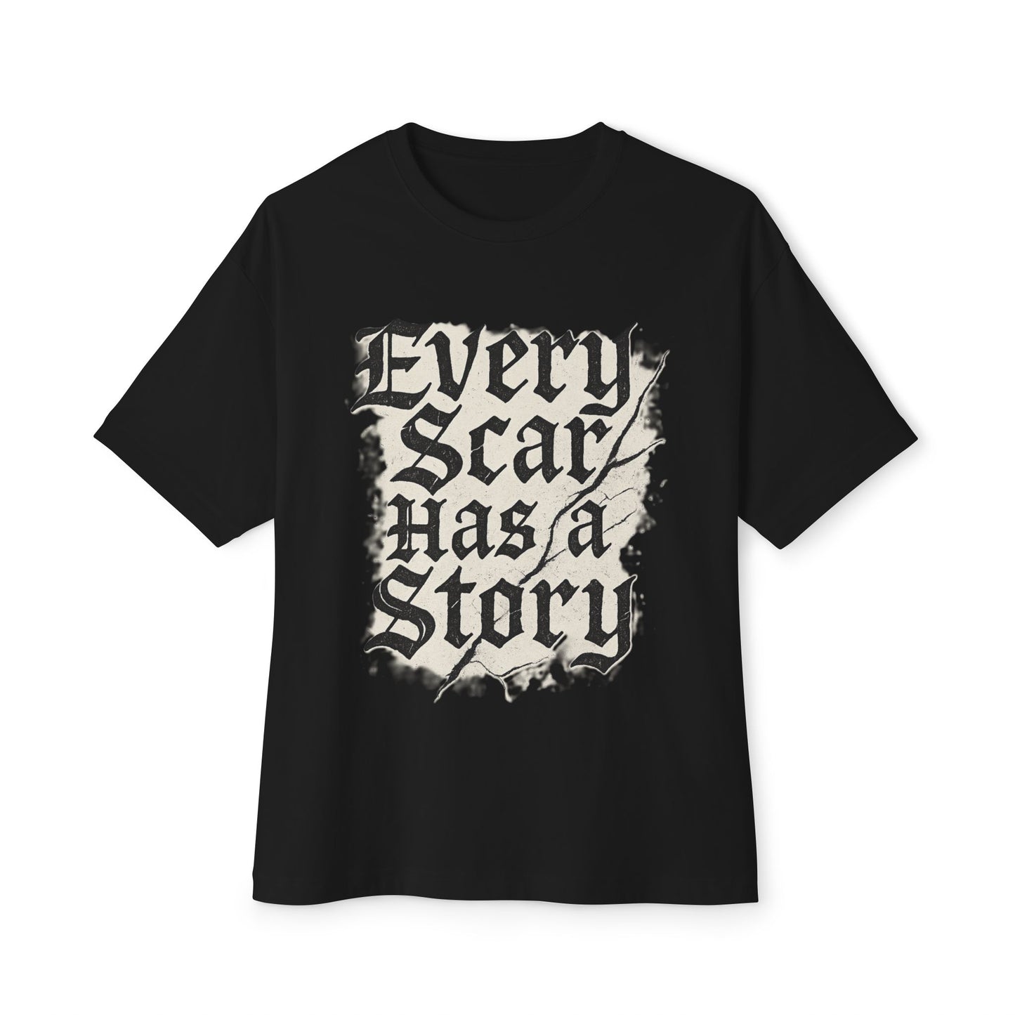 Black t-shirt with 'Every Scar Has a Story' text design on a white background