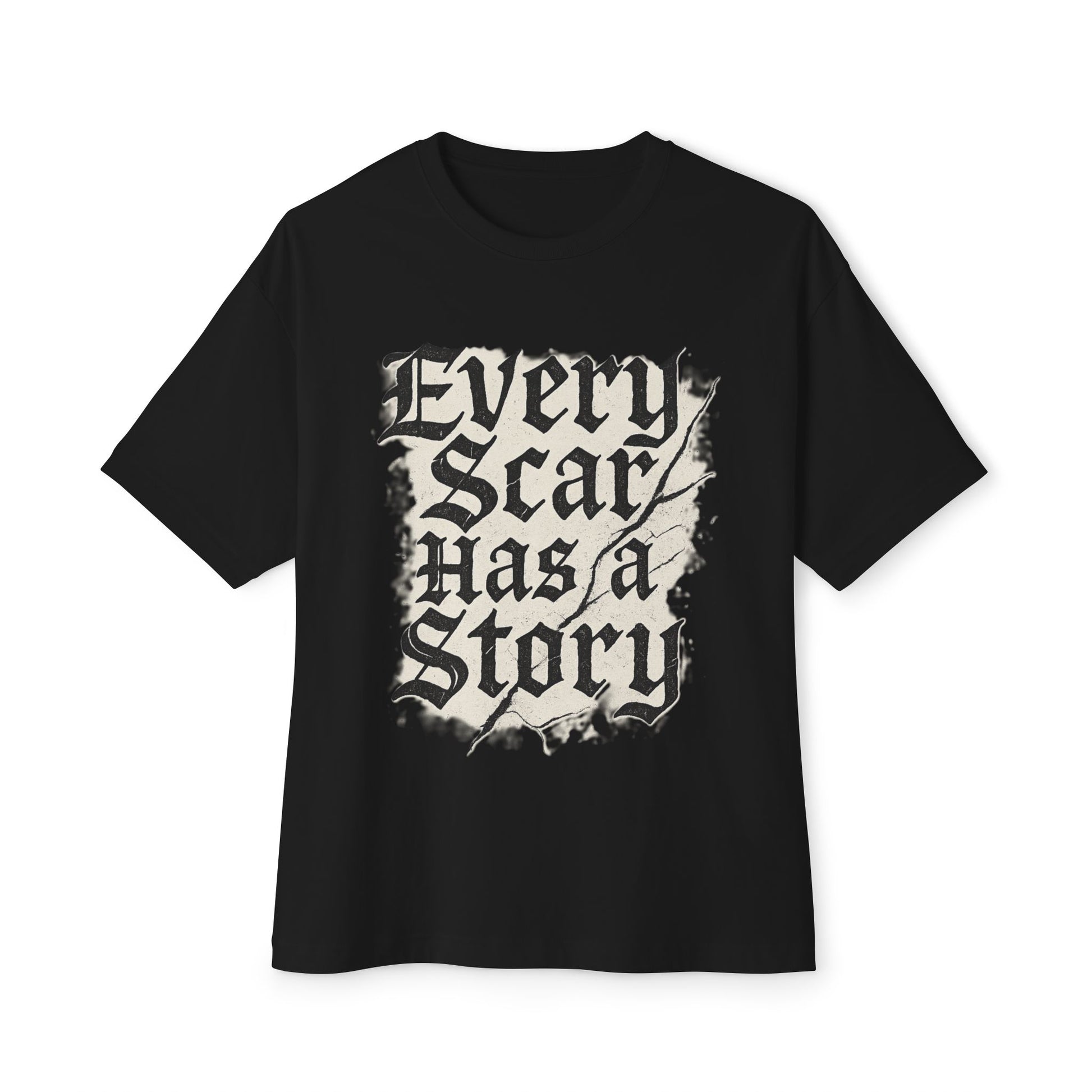 Black t-shirt with 'Every Scar Has a Story' text design on a white background