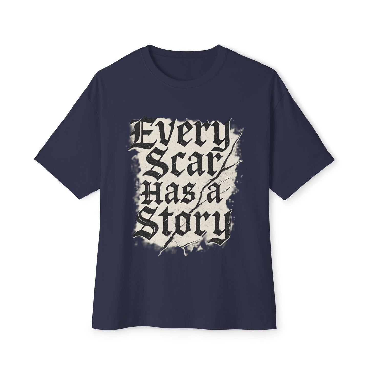 Navy blue t-shirt with 'Every Scar Has a Story' text design on a white background