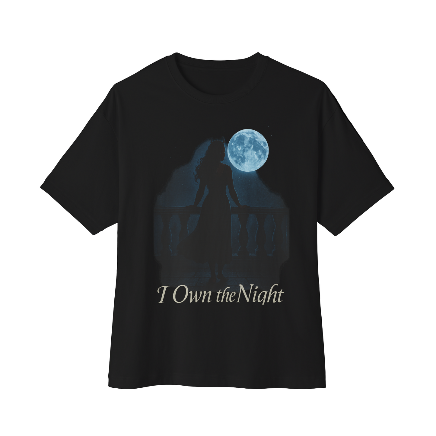 Black t-shirt with wolf and moon graphic and 'I Own the Night' text on a white background