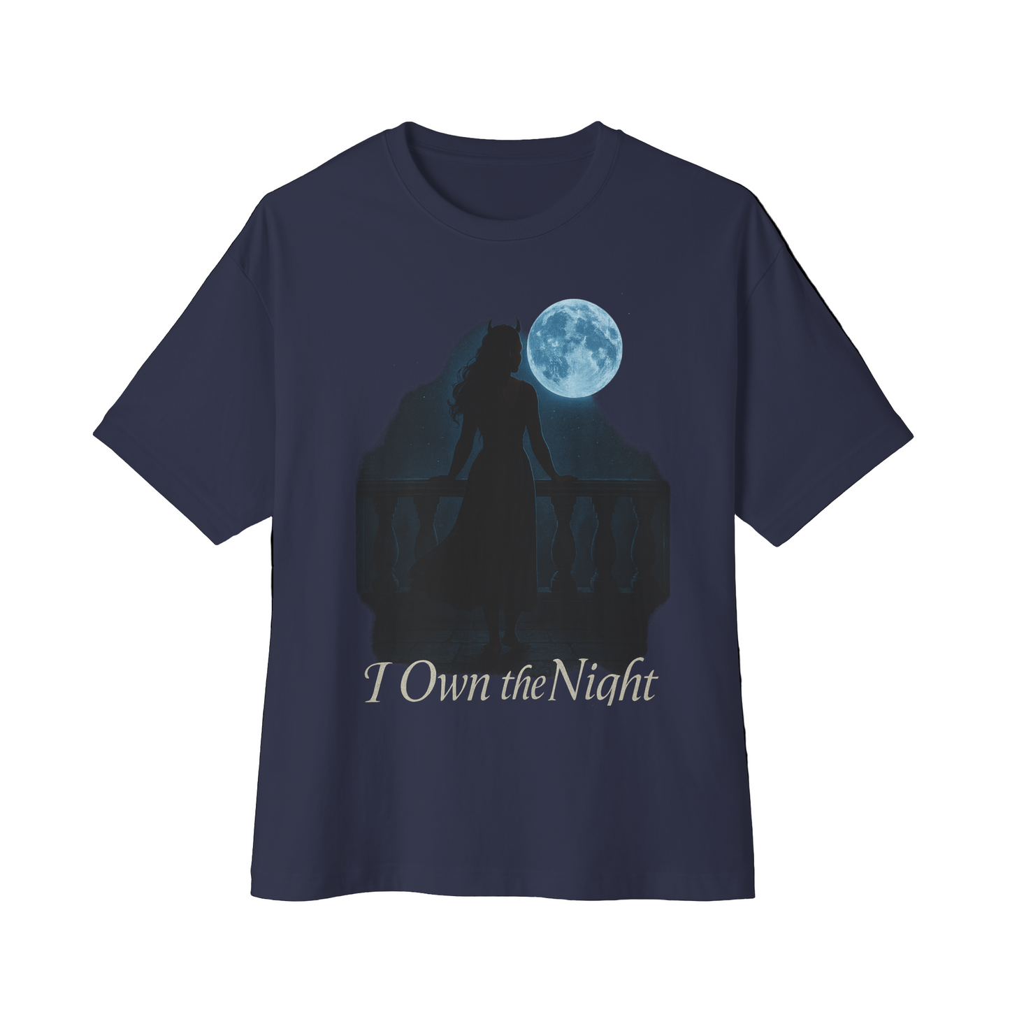 Navy blue t-shirt with wolf and moon graphic and 'I Own the Night' text on a white background