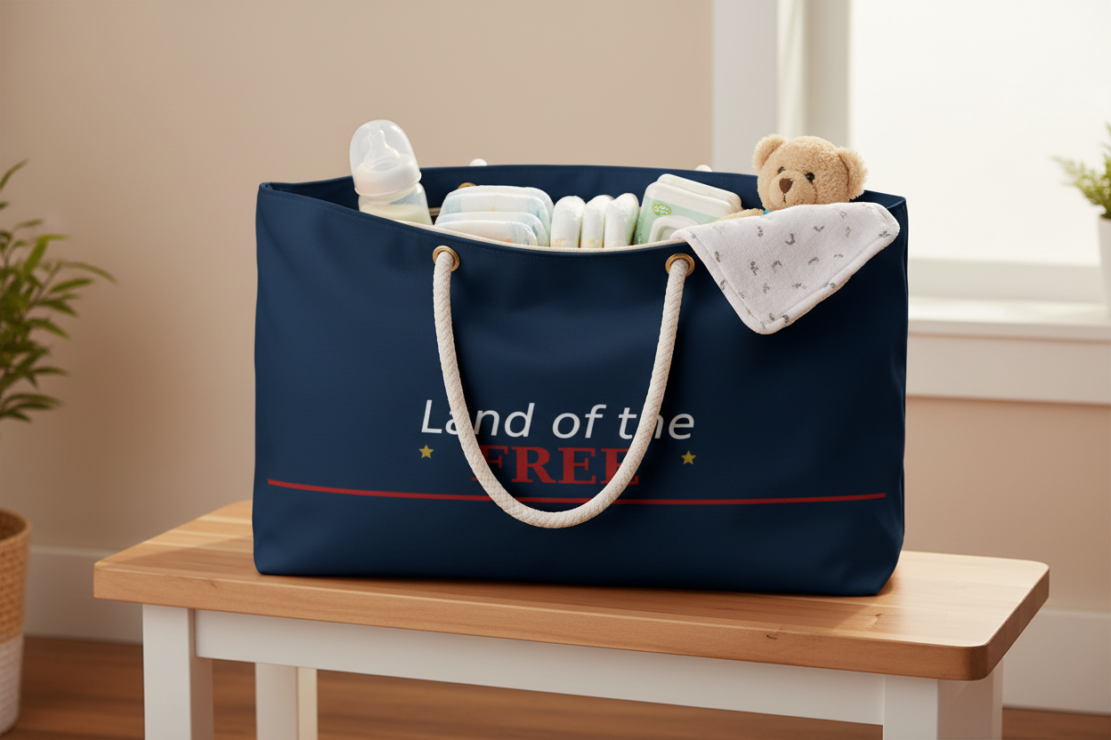 "Navy Land of the Free weekender bag with scattered star constellation pattern and cream rope handles" diaper bag