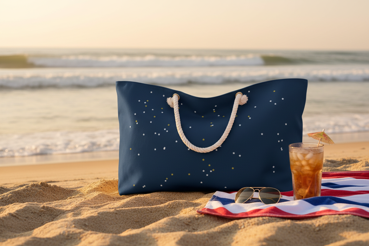 "Navy Land of the Free weekender bag with scattered star constellation pattern and cream rope handles" ice tea on the sand