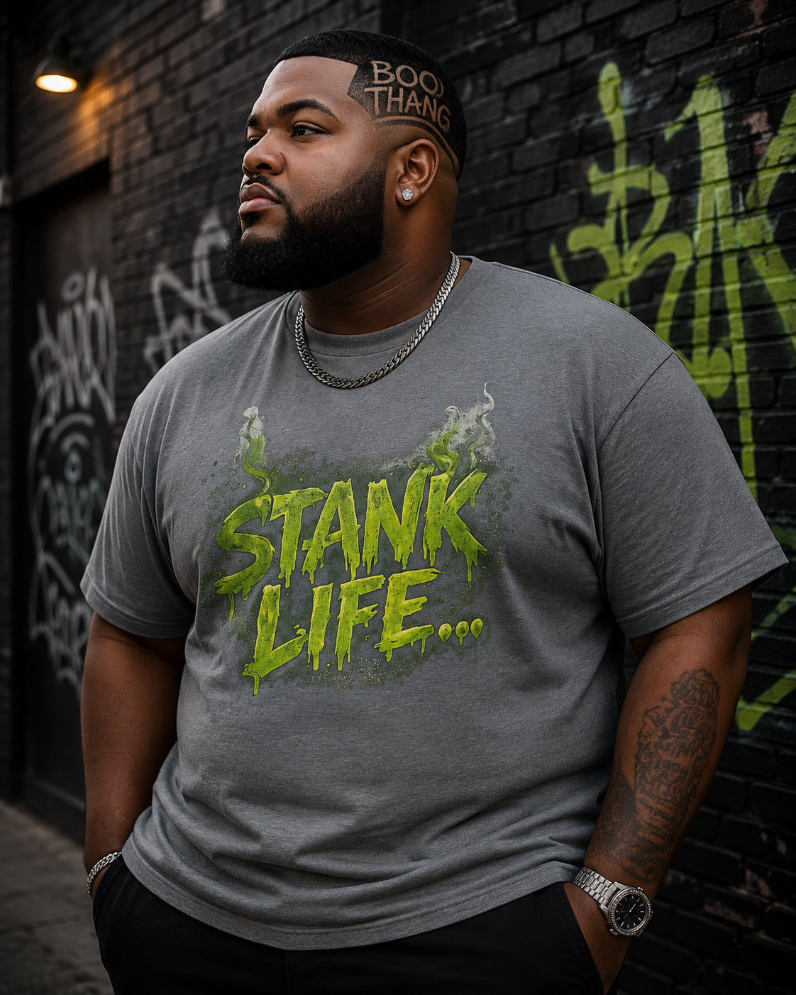 "Stank Life graphic tee in heather gray — neon green drip lettering worn by man with Boo Thang haircut fade, posed against graffiti brick wall"