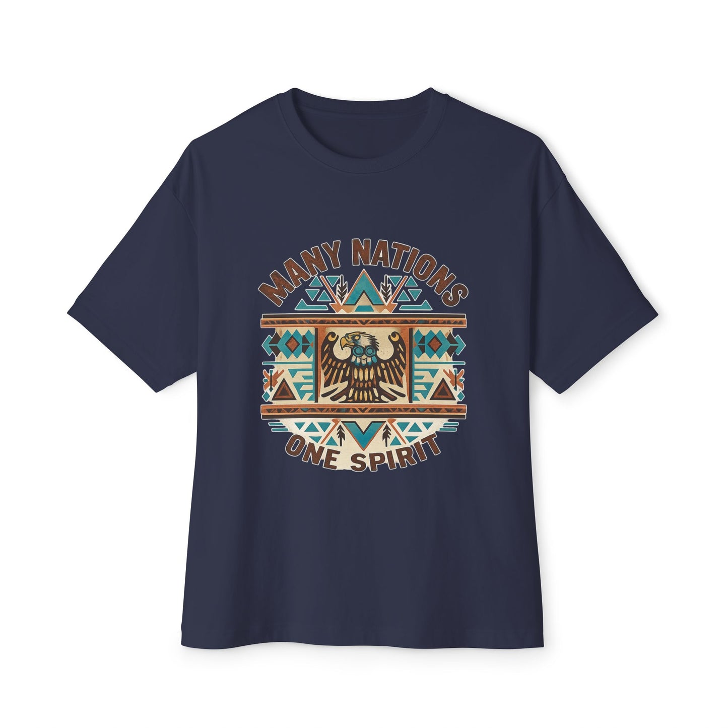 Navy blue t-shirt with a colorful graphic design and text on a white background