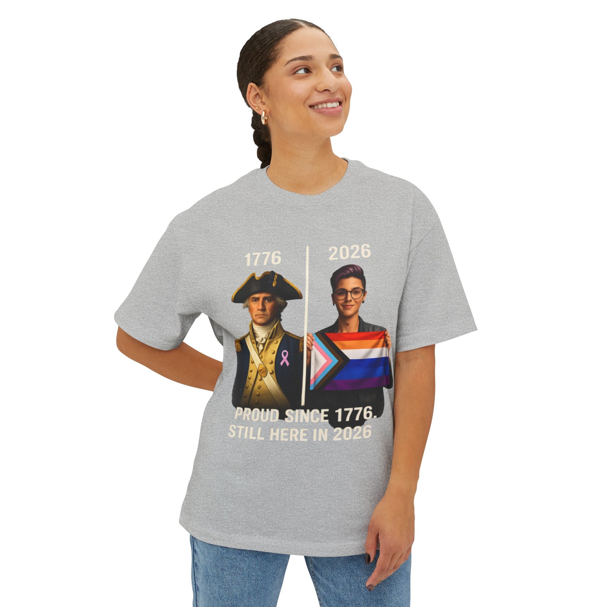 Person wearing a off white t-shirt with historical and modern figures and text on a white background