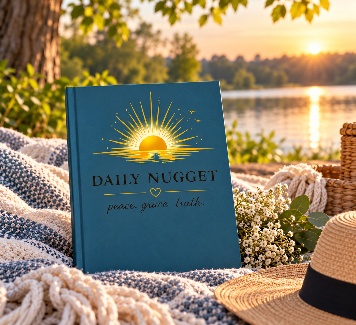  teal hardcover  jounal titled 'DAILY NUGGET peace, grace, truth.' stands upright on a knitted blanket outdoors by a lake at sunset, with flowers, a straw hat, and a basket nearby.