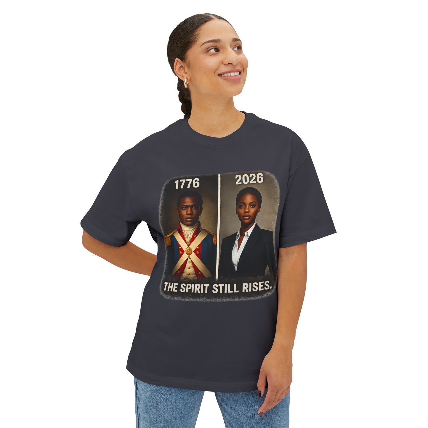 Female wearing a t-shirt with a graphic and text on a white background