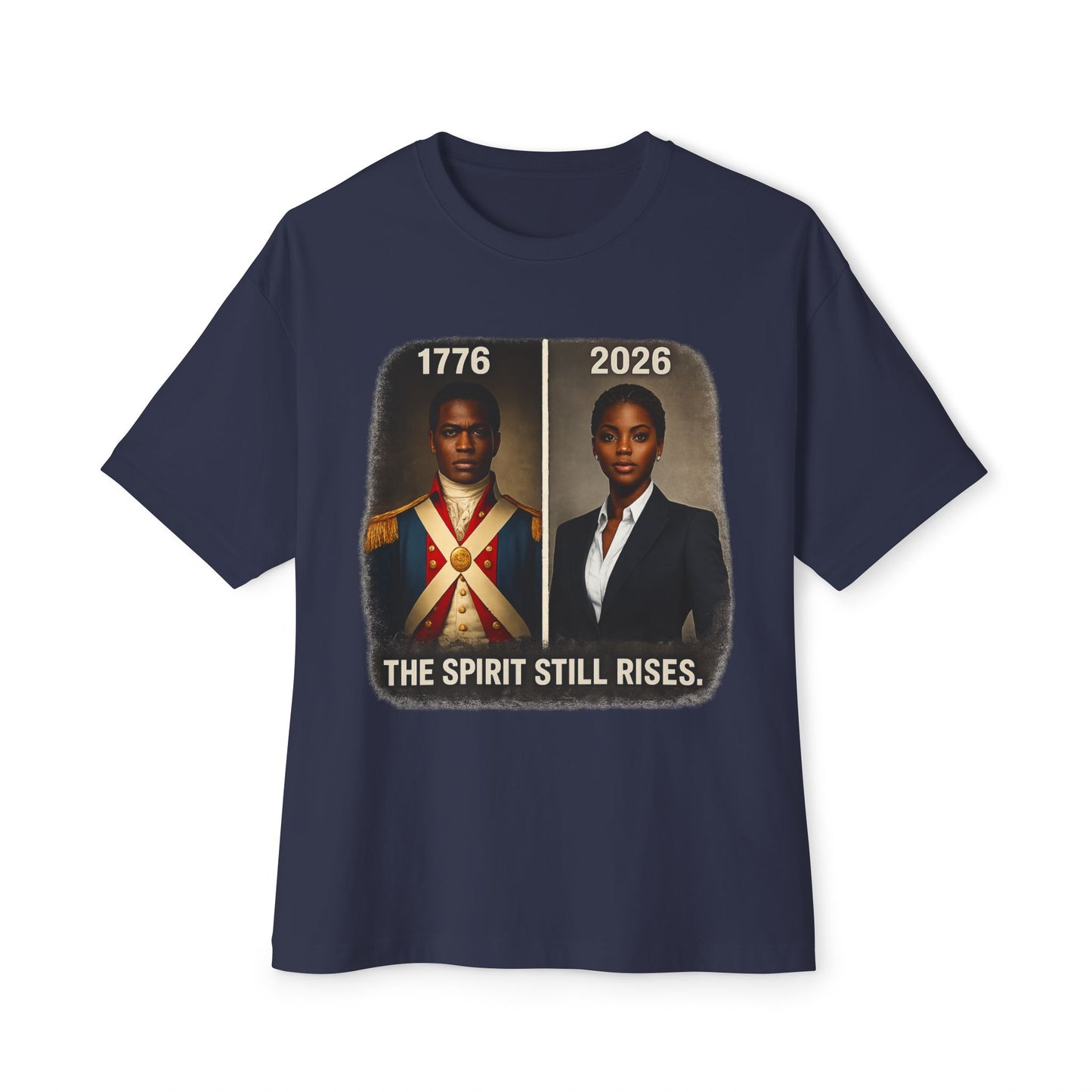 Navy blue t-shirt with historical and modern portraits and 'The Spirit Still Rises' text on a white background